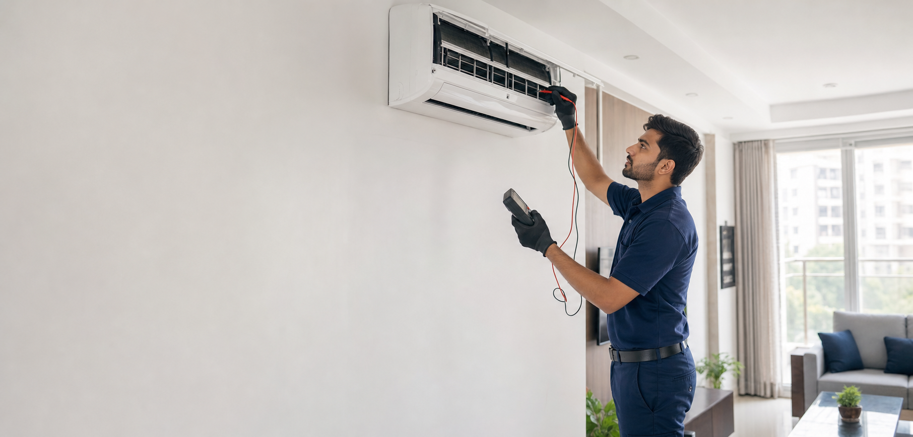 Professional Metro Click technician inspecting a split air conditioner
