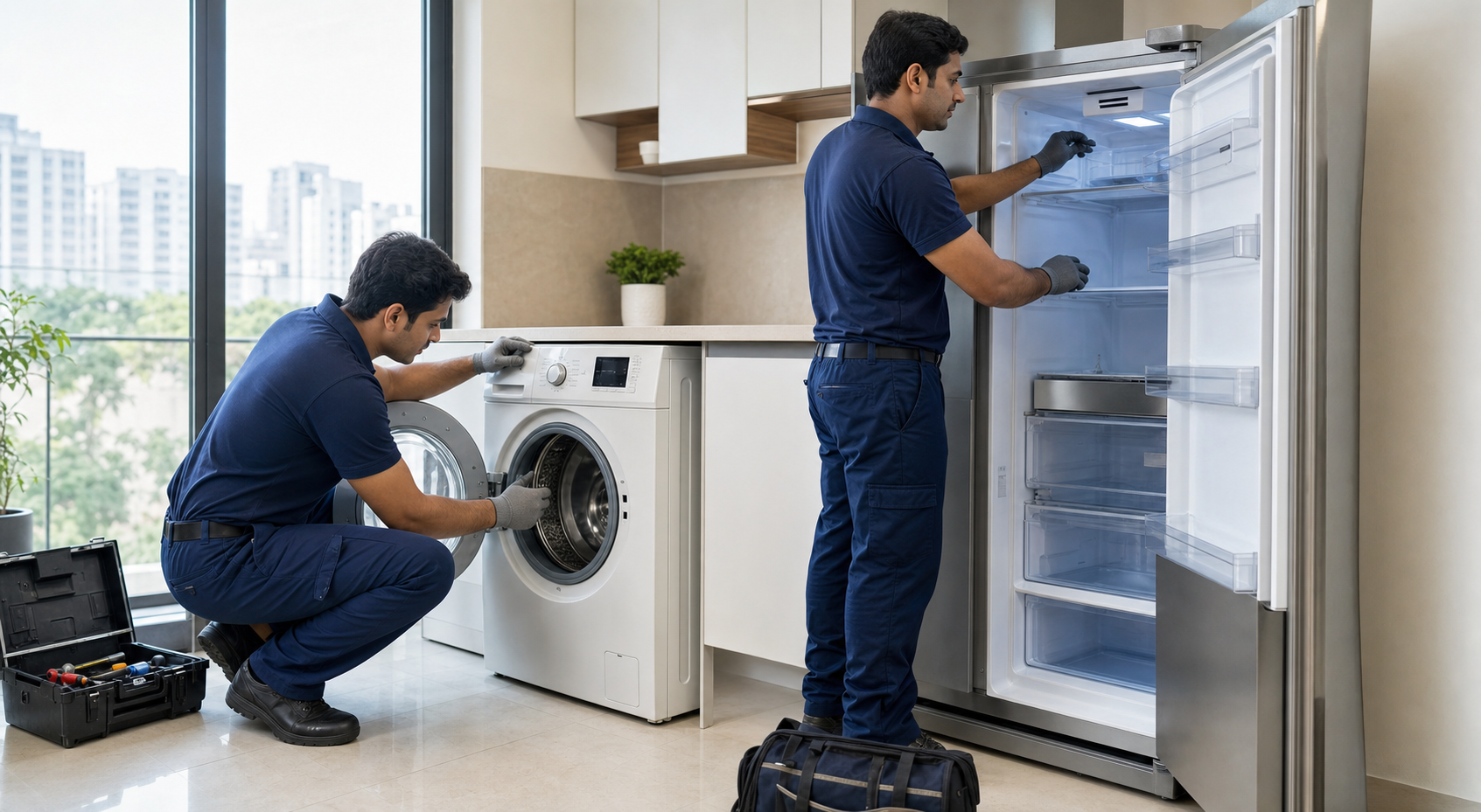 Metro Click service team maintaining a washing machine and refrigerator